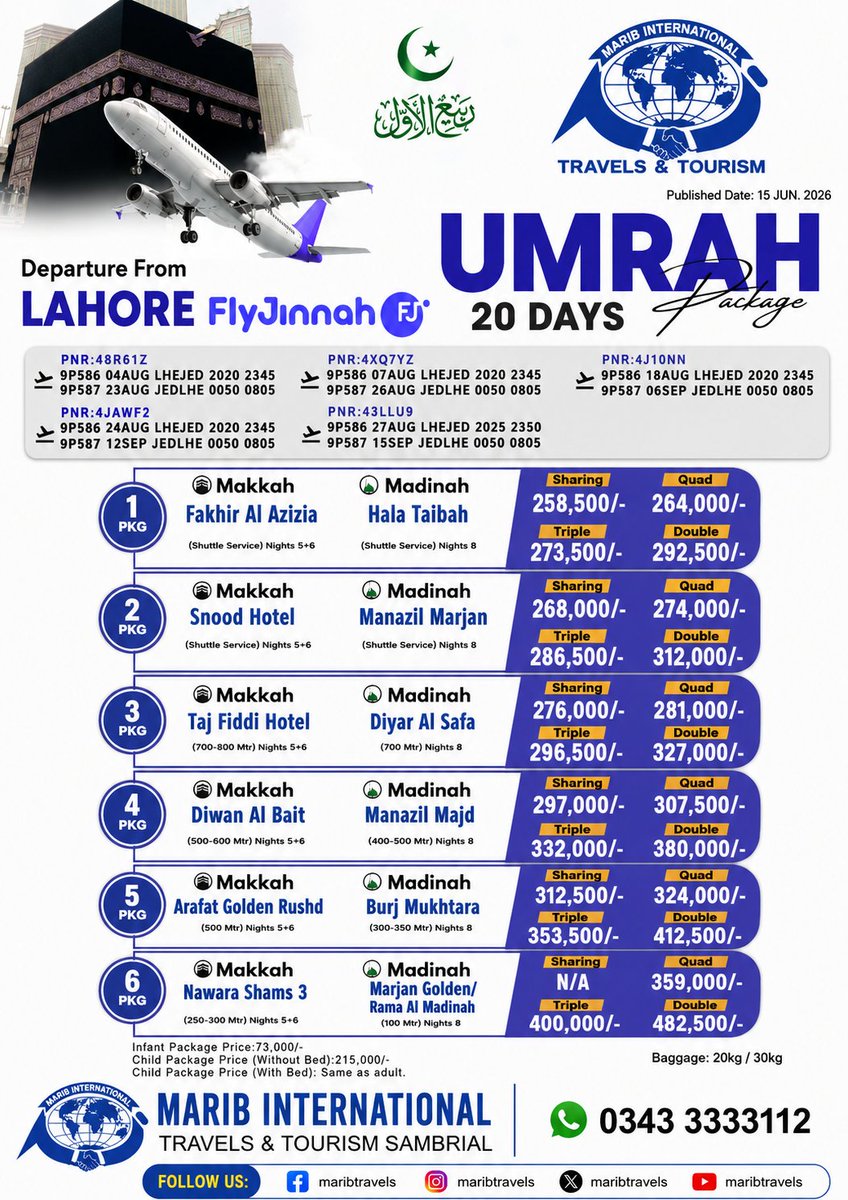maribtravel's tweet photo. 🕋 20 Days Umrah Package – Departure from Lahore with FlyJinnah ✈️ https://t.co/RBGoYHjxOH