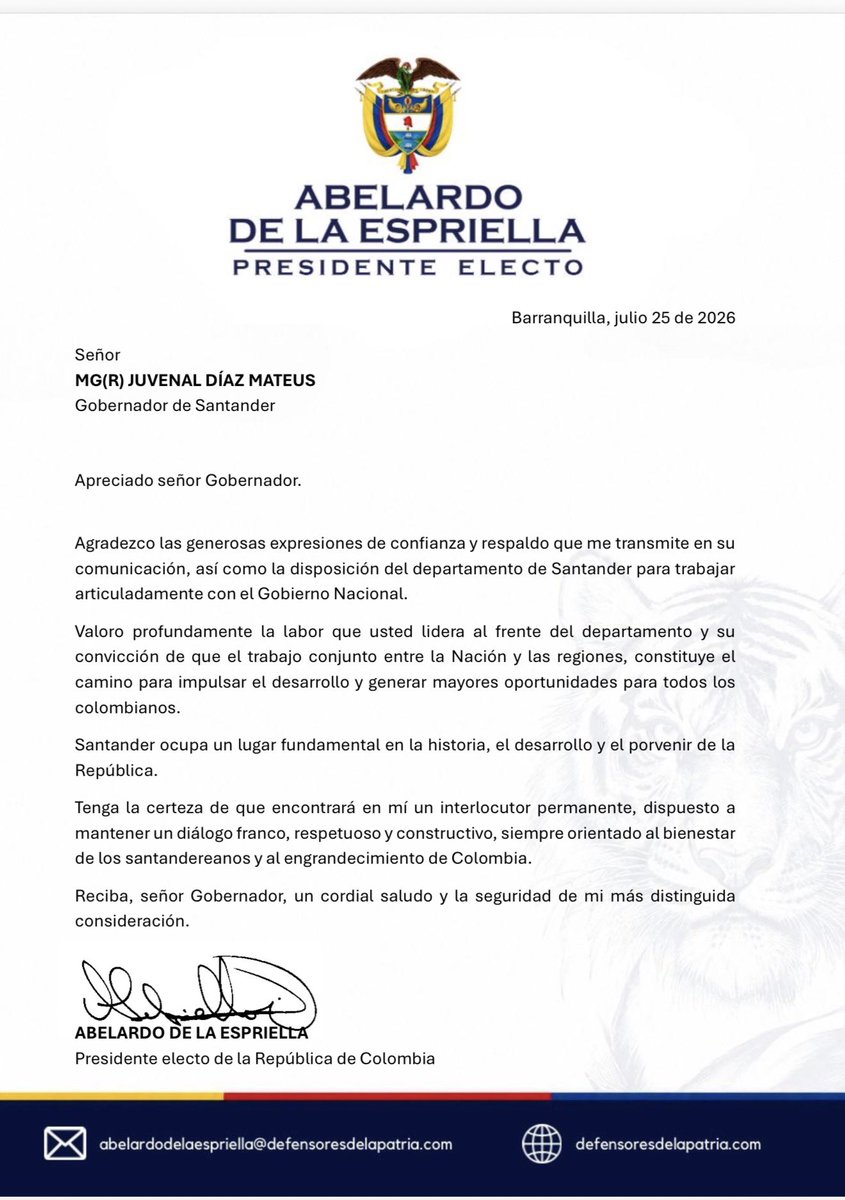 GralJuvenalDiaz's tweet photo. Mensaje del Sr. Presidente electo @ABDELAESPRIELLA a los santandereanos. https://t.co/g1C755SFbs