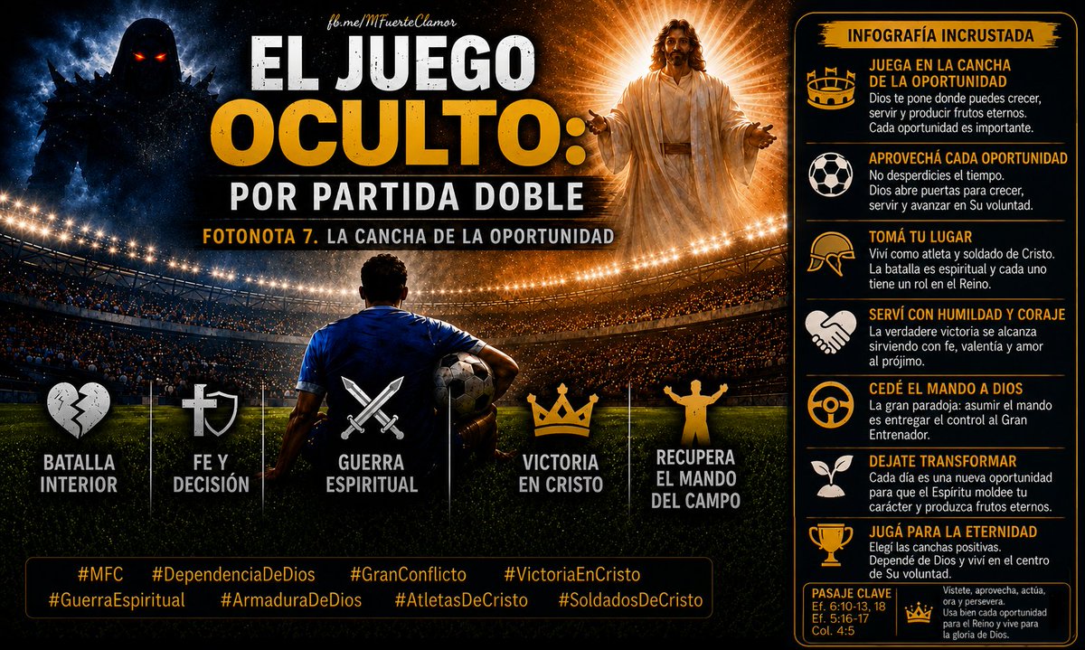 AnaliaPiquard's tweet photo. «🏟️ FOTONOTA 7. LA CANCHA DE LA OPORTUNIDAD»
Sobre Ef. 6:10-13, 18; 5:16-17 y Col. 4:5 📖🗡️⛹🏻♀️🥷🏻
¡👑 Maranatha! #MFC #DependenciaDeDios #GranConflicto #VictoriaEnCristo #GuerraEspiritual #ArmaduraDeDios #AtletasDeCristo #SoldadosDeCristo
🛐 Completa en: https://t.co/MzVOHJnIHc https://t.co/qRmZ0MUW0d