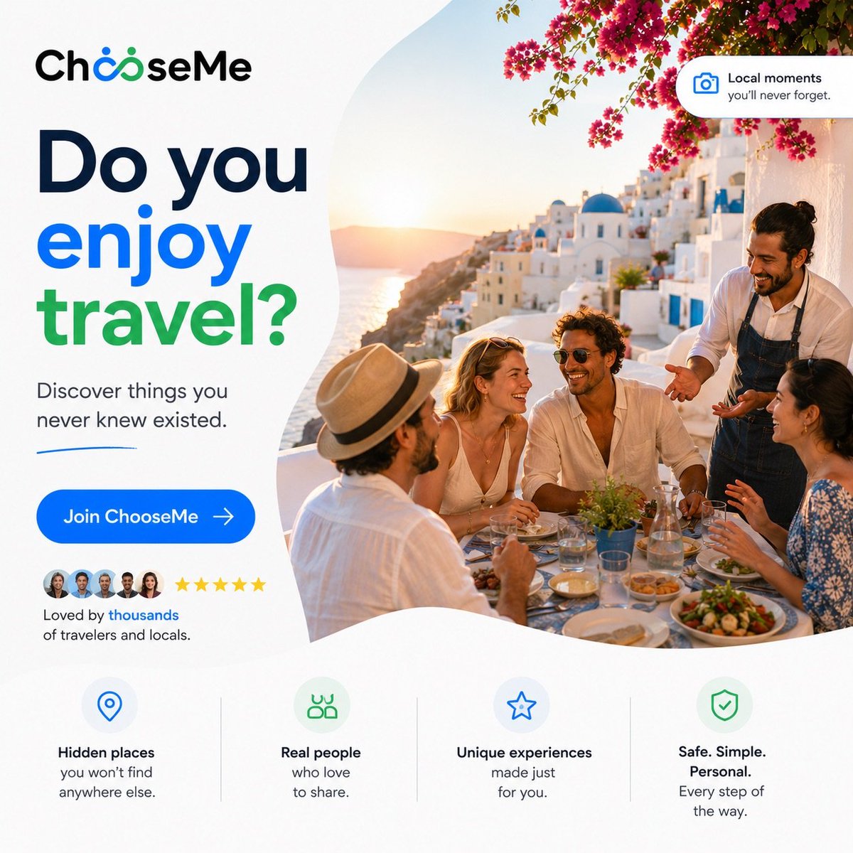 ChooseMeApp's tweet photo. We believe everyone has something worth sharing.

ChooseMe is being built to help everyday people host experiences, activities, skills, hobbies, and local adventures for others to enjoy.

Share your world!

#ChooseMe #Travel #LocalExperiences #HostAnExperience https://t.co/i1blXUZVAU