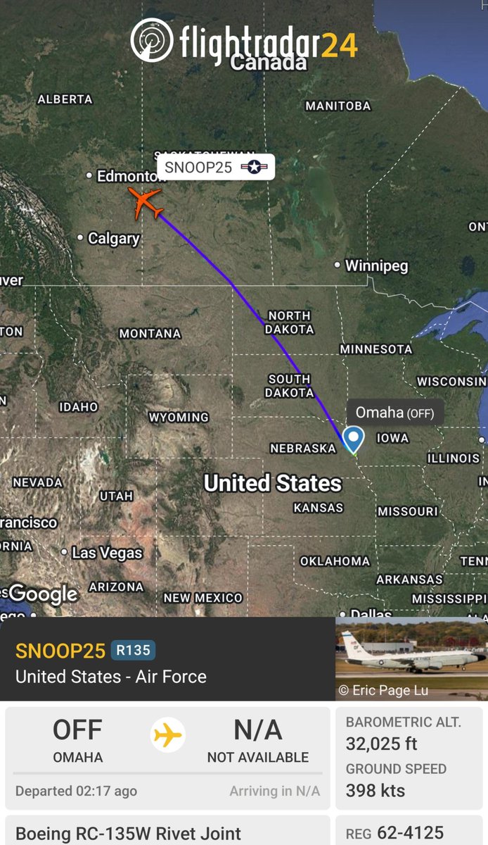 sipjack1776's tweet photo. RC-135W Rivet Joint 
#AE01D2 /62-4125/SNOOP25
Out of Offutt AFB tracking NW.
Aircraft will likely stop at Elmendorf AFB.
@Borrowed7Time @stefano_alessi @oko3618 @ma6400 @FMilcoms https://t.co/yV5IbLXmu5
