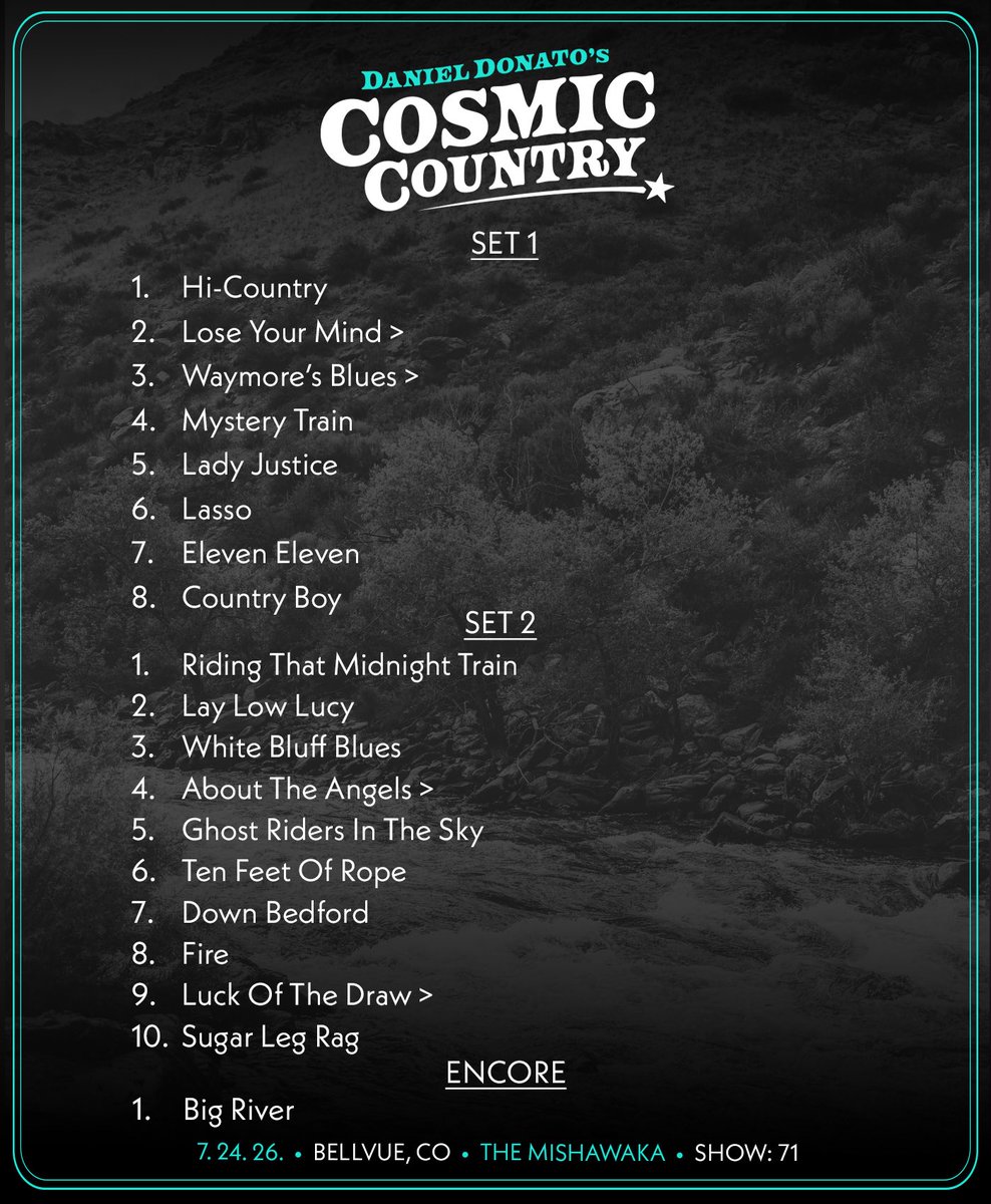 danieljdonato's tweet photo. 7/24/2026 Bellvue, CO 

🥕 Head to https://t.co/jE59UT0nOn to stream the show, for Setlist Saloon and all tour happenings…

✨ Pre-Order for the vinyl of our first live and album and tickets to The Ryman on 8/28 and 8/29 are on https://t.co/f3IBW1rBqN! 

#cosmiccountry https://t.co/KZ8hgQq66X