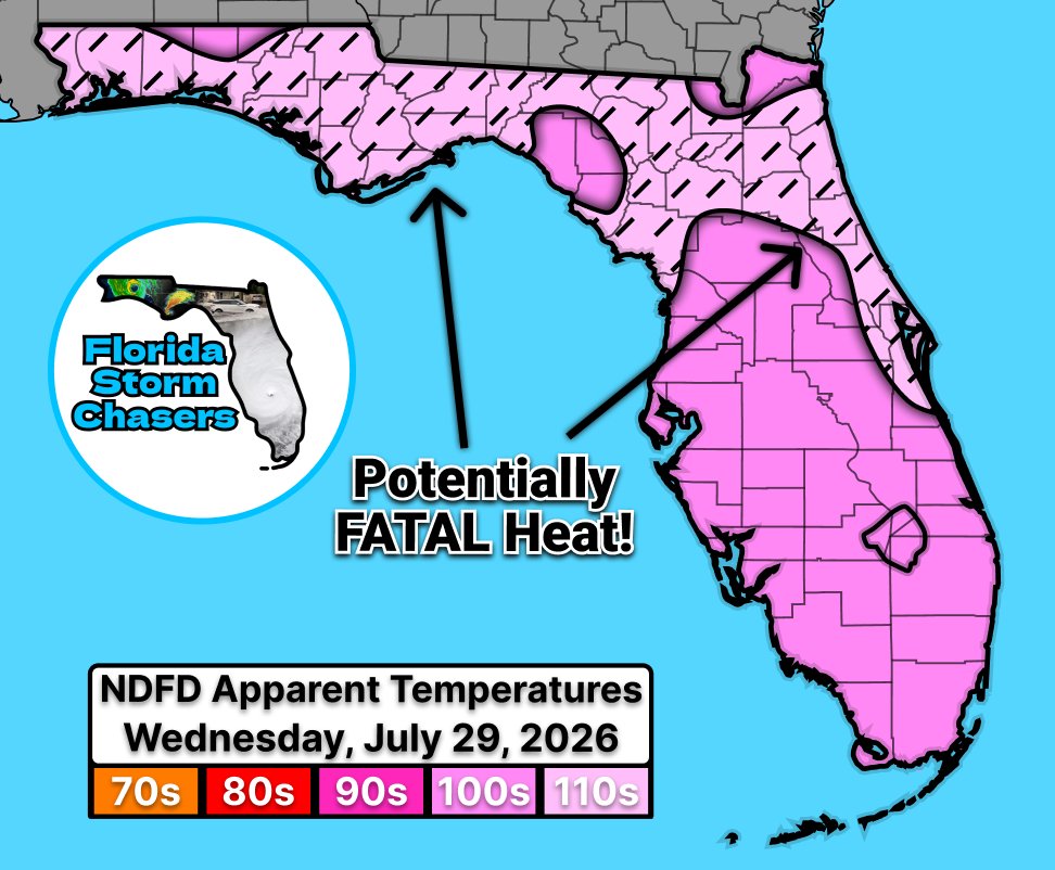 FLStormChasers_'s tweet photo. 🥵POTENTIALLY FATAL HEAT!🥵
NEW: Models are showing that the heat across #Florida will continue to build all the way up until Wednesday, where max heat indices could reach as high as 118F DEGREES! Without adequate cooling, this heat can be fatal. Please stay hydrated!

#flwx