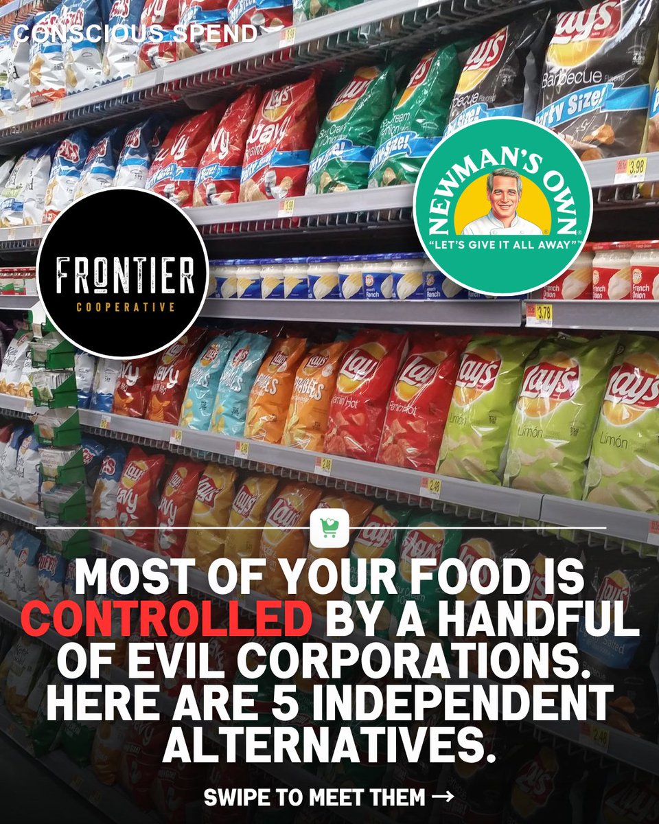conscious_spend's tweet photo. Most of your food is controlled by a handful of evil corporations.

Here are 5 independent alternatives:

Newman's Own — a foundation owns it, no shareholders
GoMacro — mother and daughter, since 2004
Rapunzel — family owned since 1974
Yeo Valley — the Mead family, since 1961
Frontier Co-op — owned by the stores that stock it

LesserEvil, Good Culture and Crofter's all sold in the last year.

Use the Conscious app to find ethical companies to buy from. 🔗 in bio