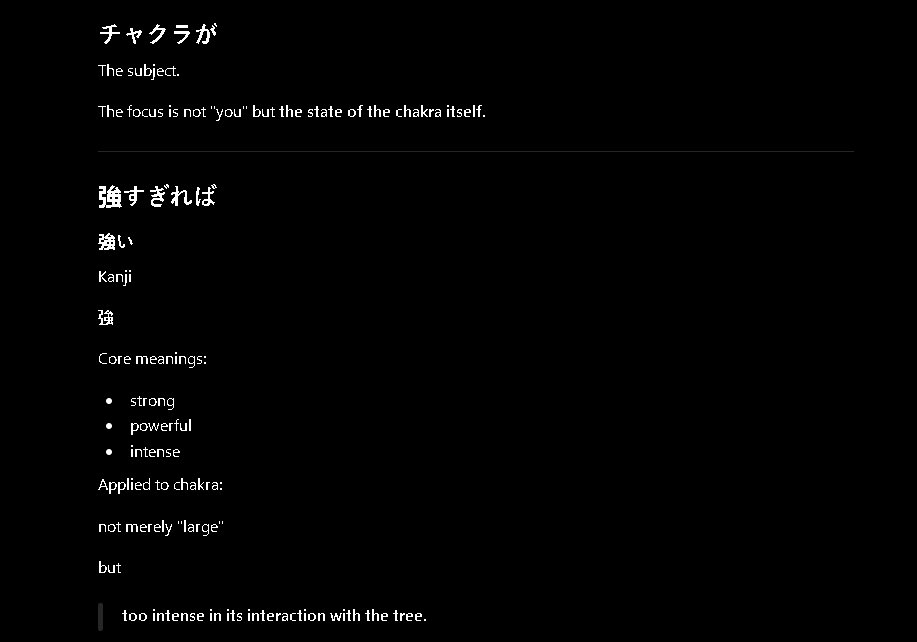 Towk_AboveAll's tweet photo. the kanji used for “strength” is “強す” , not kinetic energy nor any type of physical energy , it is the state of  “force”, “strength” and “toughness” as adjective which itself isn’t conditioned to any physical system.

 Chakra creates its own forces such as “adhesive power” and “repulsion”.

Chakra is strength, not kinetic energy or any specific force, it is the purest state of “strength” which freely adapts to all the others.

“Focus towards the tree” 
( 木に集中 ) It is not “imagining something”.

The person’s fixed focus (集中) moves outwards and has to align with the external environment.
The chakra focus (集める) moves inwards the person 

The chakra spontaneously adjusts due to the person’s being in both “inward” and “outward” focus.

specific forces such as “adhesive power” are brought without physically affecting surfaces.

As for lifting strength a ninja can have all the power he wants, if he can’t adjust it to the external environment and surface area his own power will repel, obstruct and nullify itself.