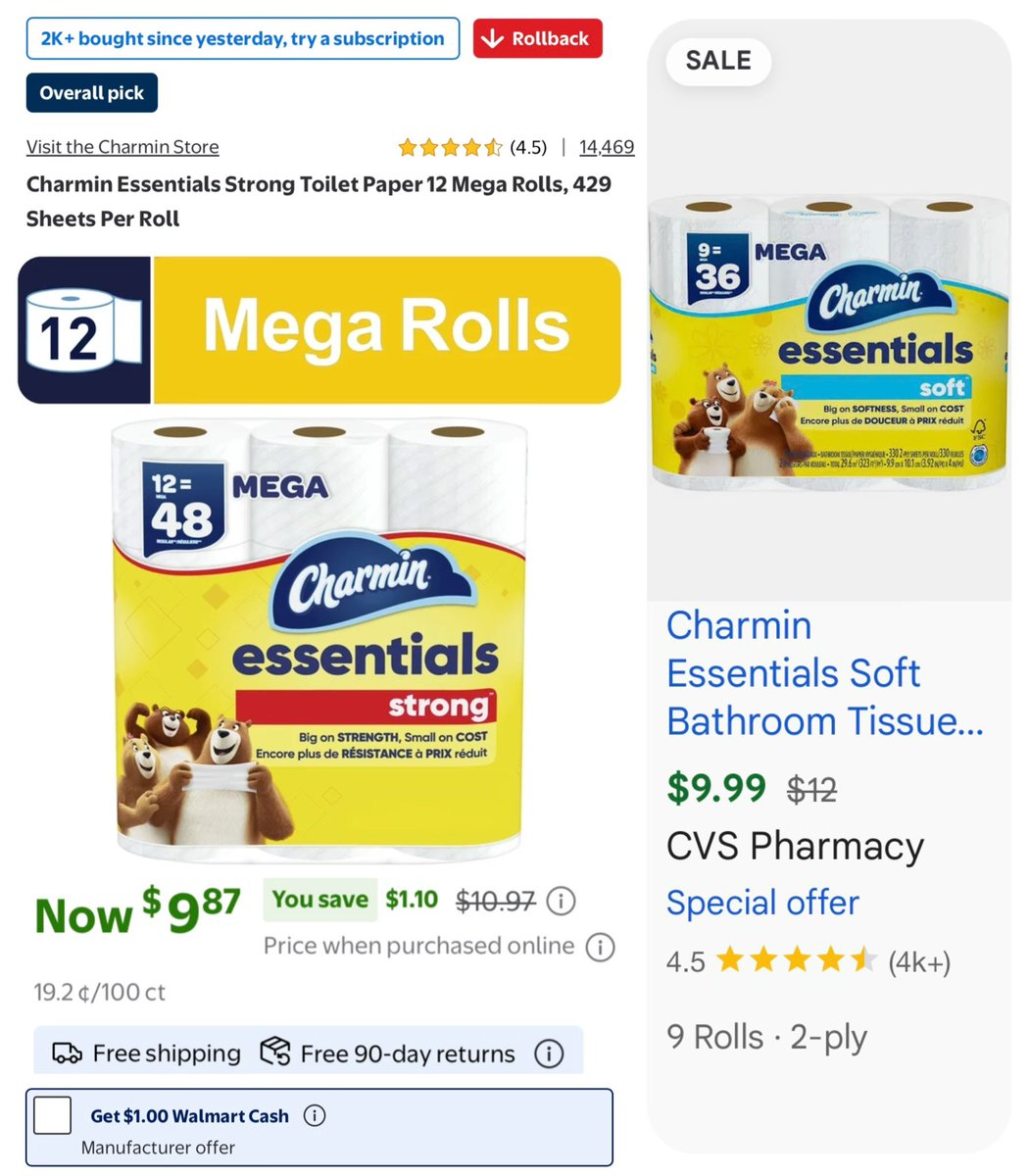 Pricerrors's tweet photo. 12 MEGA CHARMIN TOILET PAPER ROLLS ALL-TIME LOW

Clip $1 Walmart cash coupon, basically paying $8

https://t.co/eplatQEWtC

A 9-PACK currently goes for $10 at CVS, great time to stock up

Free shipping for Walmart+ members #ad https://t.co/5vGHdTCvEl
