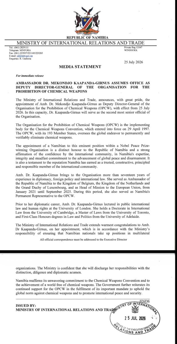 MIRT_NAMIBIA's tweet photo. MEDIA STATEMENT: AMBASSADOR DR. MEKONDJO KAAPANDA-GIRNUS ASSUMES OFFICE AS DEPUTY DIRECTOR-GENERAL OF THE ORGANISATION FOR THE PROHIBITION OF CHEMICAL WEAPONS https://t.co/JVzEWpTOgX