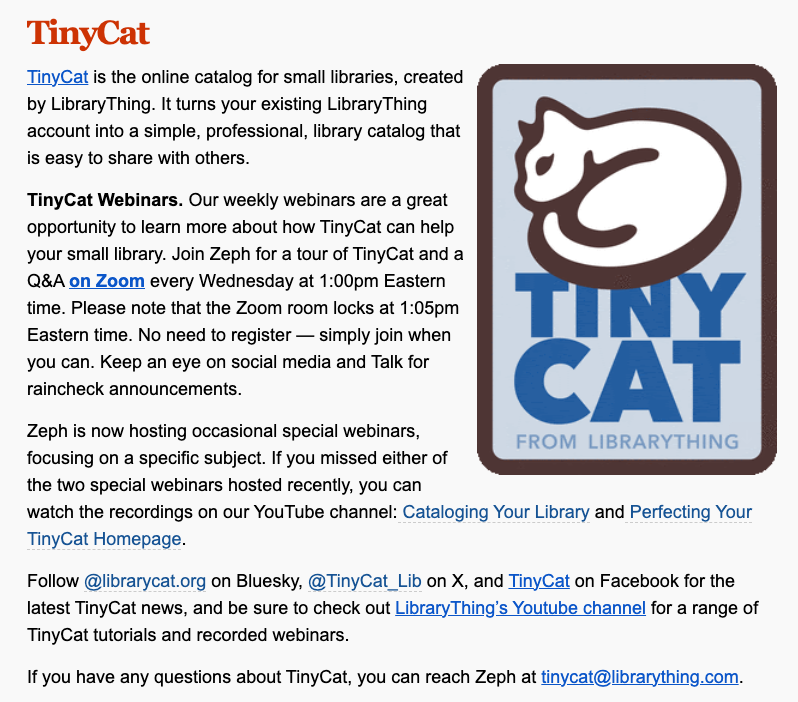 LibraryThing's tweet photo. Finally, we shone a spotlight on @TinyCat_lib, LibraryThing's online catalog for small libraries. Come learn more about this fabulous service. https://t.co/sKqHDSd9xf https://t.co/sjRszl0AEc
