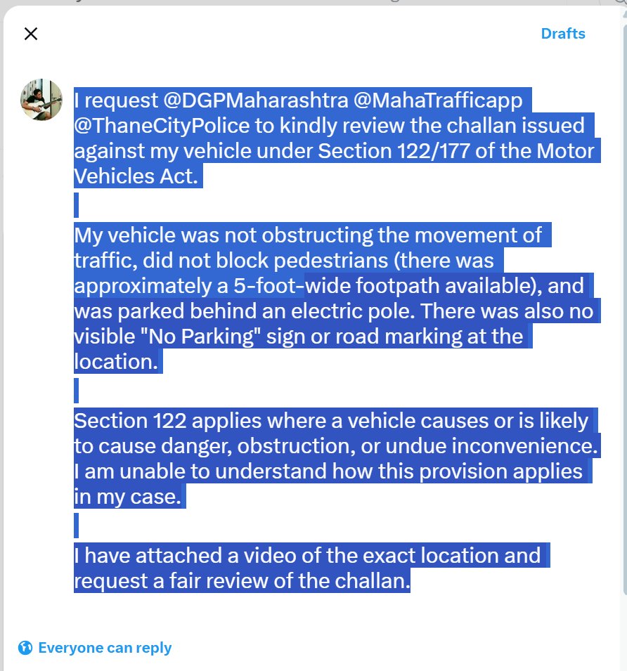 sukesh396's tweet photo. Requesting @DGPMaharashtra @MahaTrafficapp @ThaneCityPolice to kindly review my challan under Section 122/177MVA in Ulhasnagar. My car wasn't obstructing traffic or pedestrians, &amp; there was no No Parking sign. Video attached. Kindly clarify how Section 122 applies in this case. https://t.co/KKwlbhhWVp