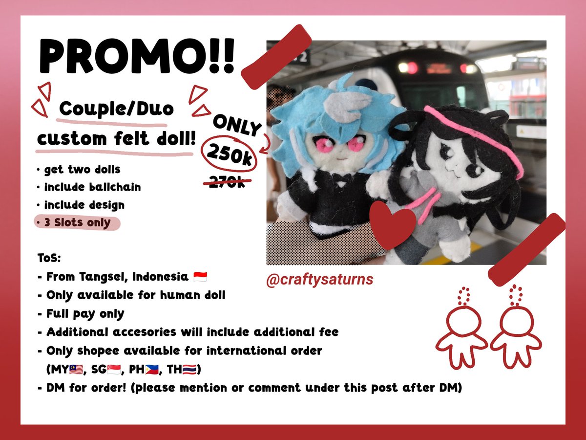 craftysaturns's tweet photo. [PROMO]
YCH Couple/Duo custom felt doll only 250k! 

• 3 slots
• JNE / Shopee for 🇮🇩
• intl OK by shopee (🇲🇾🇸🇬🇵🇭🇹🇭)

DM for question or order^^ https://t.co/5HCPoMHpty