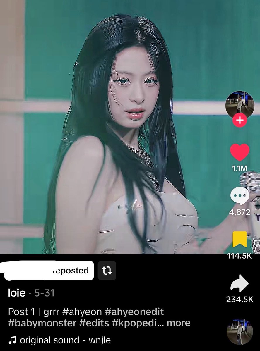 Ahyeonschart's tweet photo. BABYMONSTER’s #AHYEON CHOOM “grrr” edit has  surpassed 1.1 MILLION LIKES AND 7.4 MILLION views on TikTok .

#BABYMONSTER #정아현 https://t.co/6Fo12OvLgK