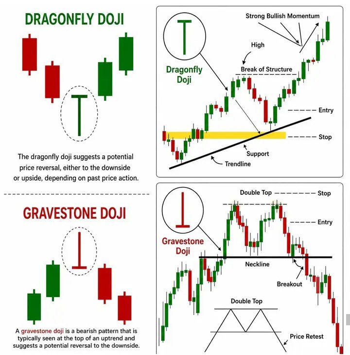 BedaKakuru48767's tweet photo. KEY CHART PATTERNS & REVERSAL SIGNALS

1. DRAGONFLY DOJI
Reversal signal – direction depends on prior trend.

2. GRAVESTONE DOJI
Bearish reversal – forms at uptop peaks.

3. STRONG BULLISH MOMENTUM

 Break of Structure

Entry above support/trendline

 Stop below support

4. DOUBLE TOP

Two peaks → neckline break

Entry on retest

Stop above resistance

5. GRAVESTONE DOJI + DOUBLE TOP

 Confirms bearish reversal

 Price retest neckline → short entry
