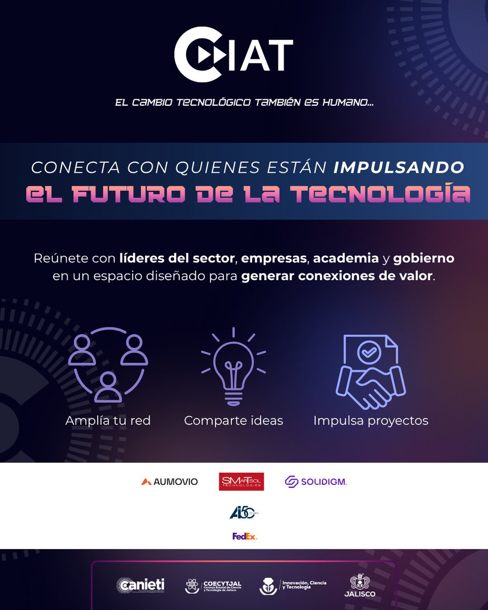 ciatcanieti's tweet photo. 🚀 Conecta con quienes están impulsando el futuro de la tecnología en CIAT 2026.

Reúnete con líderes empresariales, especialistas, academia y gobierno en un espacio para generar conexiones, compartir ideas e impulsar nuevos proyectos.

Sé parte de CIAT: https://t.co/M3kuQd3jWz https://t.co/NkRhoPadtI
