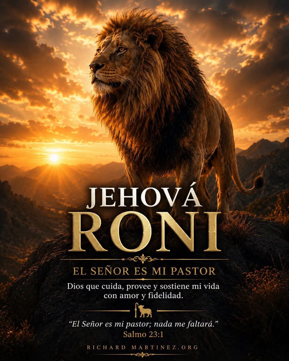 cantanterichard's tweet photo. “Jehová es mi pastor; nada me faltará.” — Salmo 23:1

Cuando el camino se vuelve oscuro y las fuerzas parecen pequeñas, Dios se levanta como un pastor fiel que nunca abandona a los suyos. Su presencia camina delante de nosotros, abriendo senderos donde antes solo veíamos montañas.

Jehová Roni nos recuerda que no avanzamos solos. Él conoce cada necesidad escondida, escucha cada oración silenciosa y comprende las lágrimas que nadie más alcanza a ver.

Como el león que permanece firme sobre la roca, así es la protección del Señor sobre nuestra vida. Las tormentas podrán rugir, pero ninguna amenaza será más grande que su poder ni más fuerte que su fidelidad.

Dios cuida, provee y sostiene. Cuando falta la respuesta, Él nos entrega paciencia; cuando llega el cansancio, renueva nuestras fuerzas; y cuando el miedo toca la puerta, su voz vuelve a decirnos: “No temas, yo estoy contigo”.

Quizás hoy no puedas ver todo lo que Dios está preparando, pero puedes descansar sabiendo que el Pastor ya conoce el camino. Él no te conduce hacia el vacío, sino hacia lugares donde tu alma volverá a respirar.

Que tu corazón no se rinda por lo que todavía no ha llegado. El mismo Dios que alimenta a las aves, viste los campos y sostiene la creación también cuidará de ti con amor y fidelidad.

Camina con confianza, porque estás bajo la mirada del Señor. Su presencia será tu refugio, su provisión llegará en el momento correcto y su amor nunca dejará de acompañarte. En el nombre de Jesús, amén.
#motivationalquotes #motivationalquote #RichardMartinez