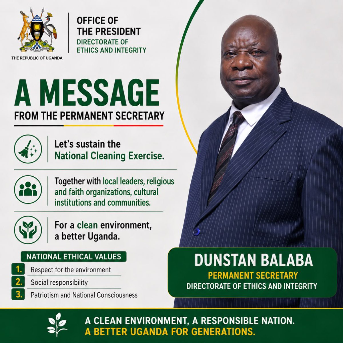 BalabaDunstan's tweet photo. Thank you to all who participated in the National Cleaning Exercise. Now, the focus is sustainability. Local leaders, Religious and Faith Organisations, and Cultural and Traditional Institutions must keep mobilising communities.

#KeepingUgandaClean https://t.co/jLFTtMKLRC