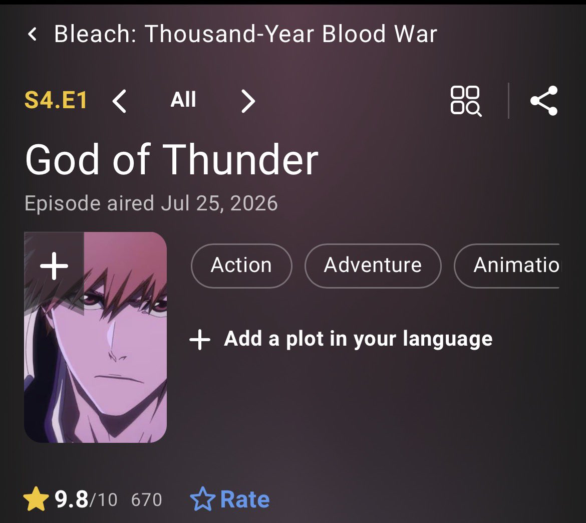 cyphern00b's tweet photo. Bleach season 4 ep 1 already hitting 9.8 on IMDB, what a strong start to a season
#BLEACH https://t.co/MvvCwWDVFK