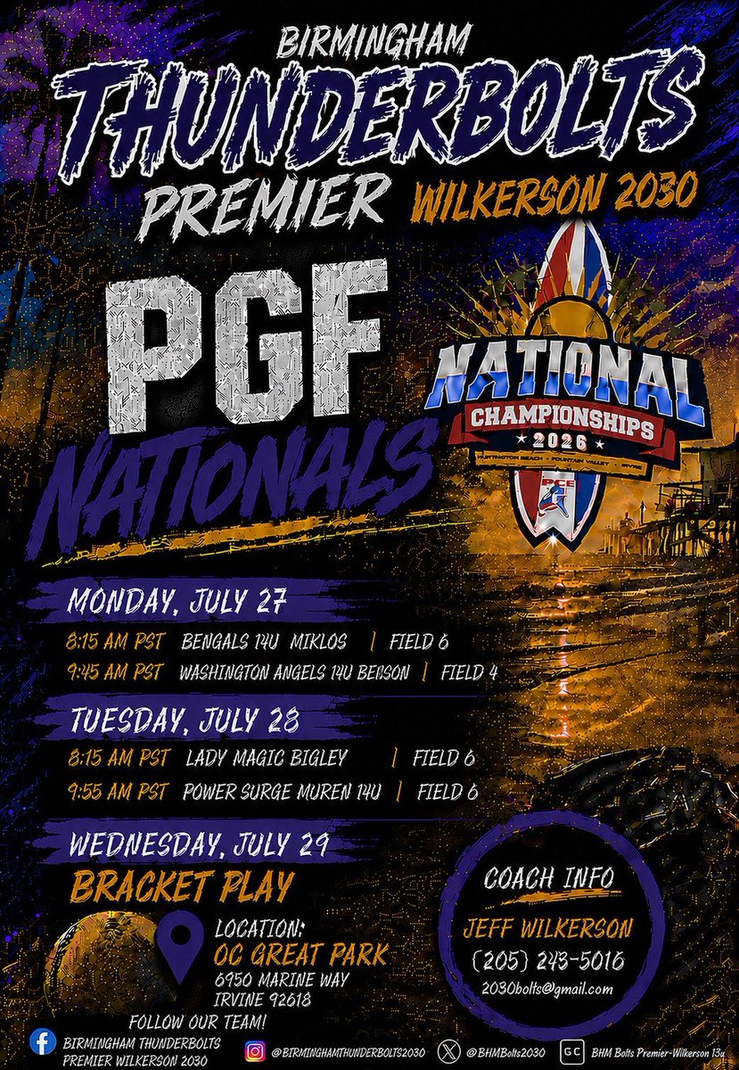 GClark_2030's tweet photo. We are heading to California 🌴🌴 for a week, to play in the @PGFnetwork National Championships. 

​Please come watch us compete! Our full schedule below 👇
#BHMBoltsMade #BoltsBoom https://t.co/xRxqN8uvVX