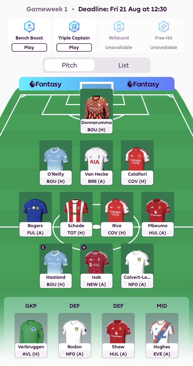 FPLVibesFC's tweet photo. @FPLFocal Current squad - I’m not willing to pay for Bruno looking at his last 4 seasons, not just last year. Haaland is a must. I want to make Gabriel up through cheaper Arsenal, still debating Raya for that. Isak a given with no competition &amp; Iraola. Schade a great 6m option to start? https://t.co/2k4wPK9Nno