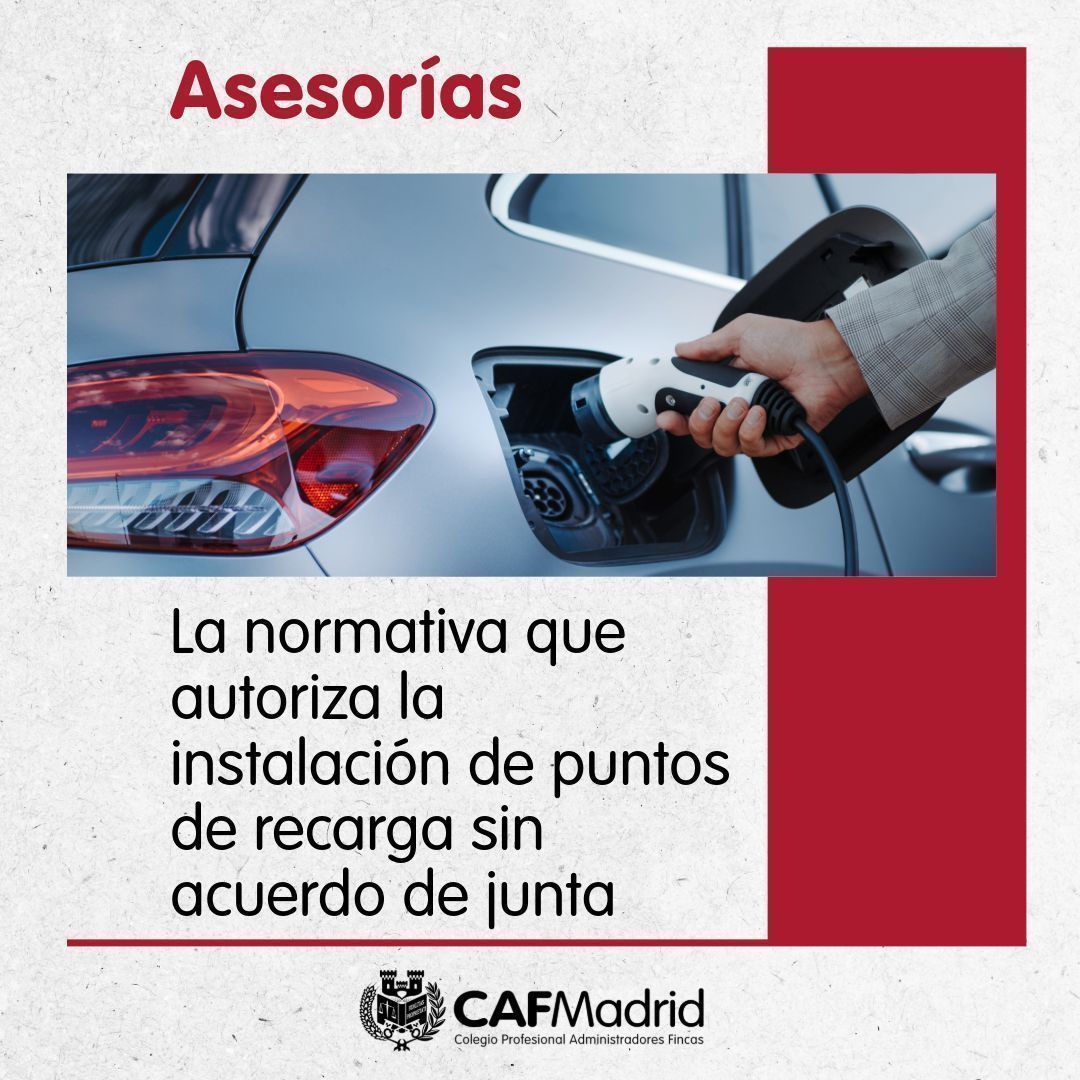 CAFMadrid's tweet photo. 🚗⚡⚖️ El Tribunal Supremo clarifica: la consideración de los puntos de recarga como elementos de eficiencia energética avala su instalación sin permiso de la Junta.

1️⃣ Basta con la comunicación previa al Presidente/Secretario.
2️⃣ La Comunidad NO puede oponerse si la instalación es proporcional y segura.
3️⃣ El paso de cables por zonas comunes está permitido por ley (Art. 17.5 LPH).

👇 Consulta con nuestra Asesoría Legal, gratis para #AFColegiados
https://t.co/LhC7HrtFxn 

#CAFMadrid #Jurisprudencia #CocheEléctrico #LPH