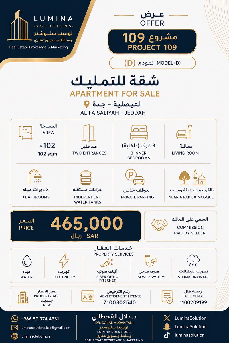 LuminaSolution's tweet photo. 🏡 للتمليك | مشروع 109 – نموذج (D)
شقة جديدة في حي الفيصلية – جدة ✨
📐 102 م² | 🛏️ 3 غرف داخلية | 🚪 مدخلان | 🚗 موقف خاص
💰 465,000 ريال
📞 Lumina Solutions
+966 57 974 4331
#لومينا_سلوشنز #مشروع109 #الفيصلية #جدة #شقق_للتمليك #عقارات_جدة #استثمار_عقاري #عقار https://t.co/NekwhNJEHn