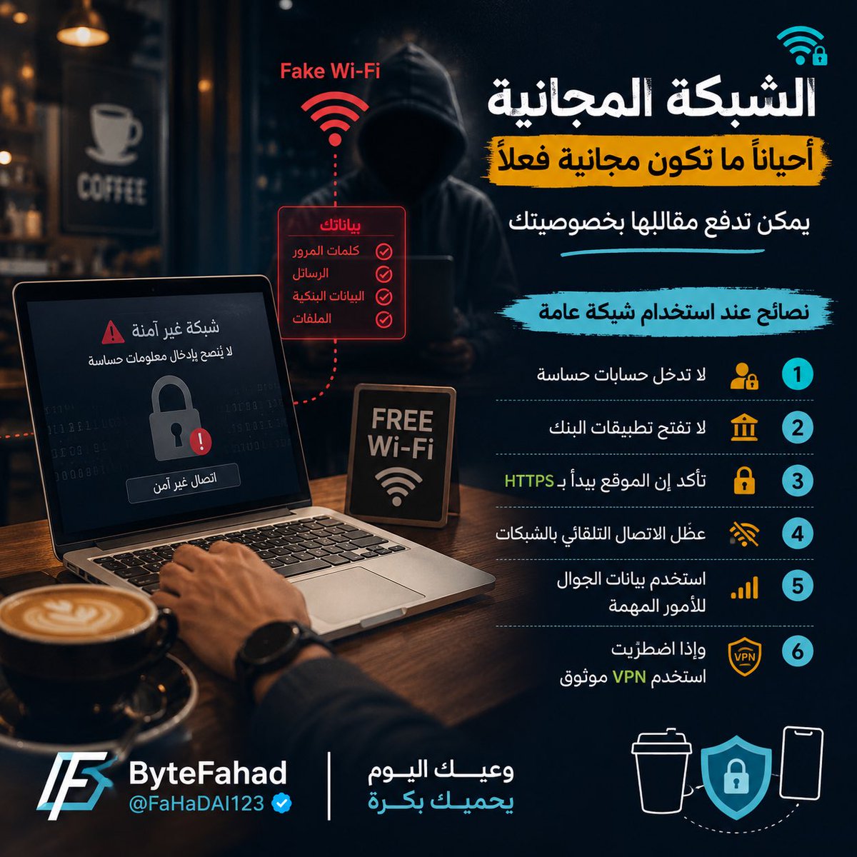 FaHaDAI123's tweet photo. تخيل انك تتصل بشبكة واي فاي باسم المقهى وبعد كم دقيقة كل شي تكتبه يمر قدام شخص غريب وانت ما تدري

📶 دخل المقهى وهو مستعجل

☕ طلب قهوته وفتح اللابتوب ودخل على شبكة الواي فاي المجانية

📡 اسم الشبكة كان قريب من اسم المقهى وما احتاجت كلمة مرور

💭 قال في نفسه ممتاز اخلص شغلي بسرعة وامشي

📧 فتح بريده راجع حساباته وسجل دخوله في اكثر من موقع

⚠️ بعد يومين بدا يلاحظ اشياء غريبة

🔐 محاولات دخول على بريده تنبيه من حسابه البنكي ورسالة تغيير كلمة مرور ما طلبها

🕵️‍♂️ وقتها اكتشف ان الشبكة اللي استخدمها ما كانت تابعة للمقهى اصلا

🧠 كانت شبكة مزيفة مسويها شخص قريب بنفس اسم المكان تقريبا

🔍 كيف يصير الاختراق

💡 الفكرة بسيطة وخطيرة بنفس الوقت

📡 المهاجم يسوي شبكة واي فاي مفتوحة باسم يشبه اسم المقهى او المكان الحقيقي

🌐 ولما تتصل فيها بياناتك تمر من خلاله بدون ما تحس

🔒 بعض البيانات ما تنكشف مباشرة اذا كانت المواقع مشفرة

⚠️ لكن الخطر يزيد اذا دخلت مواقع غير آمنة او حملت ملفات

📲 او سجلت دخولك في حسابات حساسة وانت على نفس الشبكة

👁️ يعني انت تتصفح طبيعي لكن فيه احد يراقب الطريق بينك وبين الانترنت

🛡️ نصائح الحماية

📵 اذا استخدمت شبكات واي فاي عامة

🚫 1 لا تدخل حسابات حساسة مثل البنوك او البريد المهم

💳 2 لا تستخدم التطبيقات المالية او التحويلات

🔗 3 تأكد ان الموقع يبدأ بـ HTTPS

📴 4 اقفل الاتصال التلقائي بالشبكات

📱 5 استخدم بيانات الجوال للاشياء المهمة

🔐 6 واذا اضطررت استخدم VPN موثوق

📌 الخلاصة

☕ الشبكة المجانية احيانا ما تكون مجانية فعلا

💸 ممكن تدفع ثمنها بخصوصيتك وبياناتك وانت ما تدري

#الأمن_السيبراني #الخصوصية #الواي_فاي #الحماية_الرقمية #التقنية