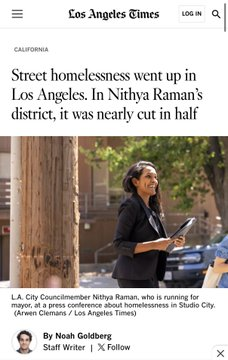 jonfavs's tweet photo. Big contrast between Nithya Raman and Karen Bass on a top issue in the LA mayor's race:

"Street homelessness — people living outdoors or in their vehicles — went down by 49% in Raman’s district compared to the previous year"

"Citywide, street homelessness increased nearly 8%" https://t.co/EinaXHjg0G