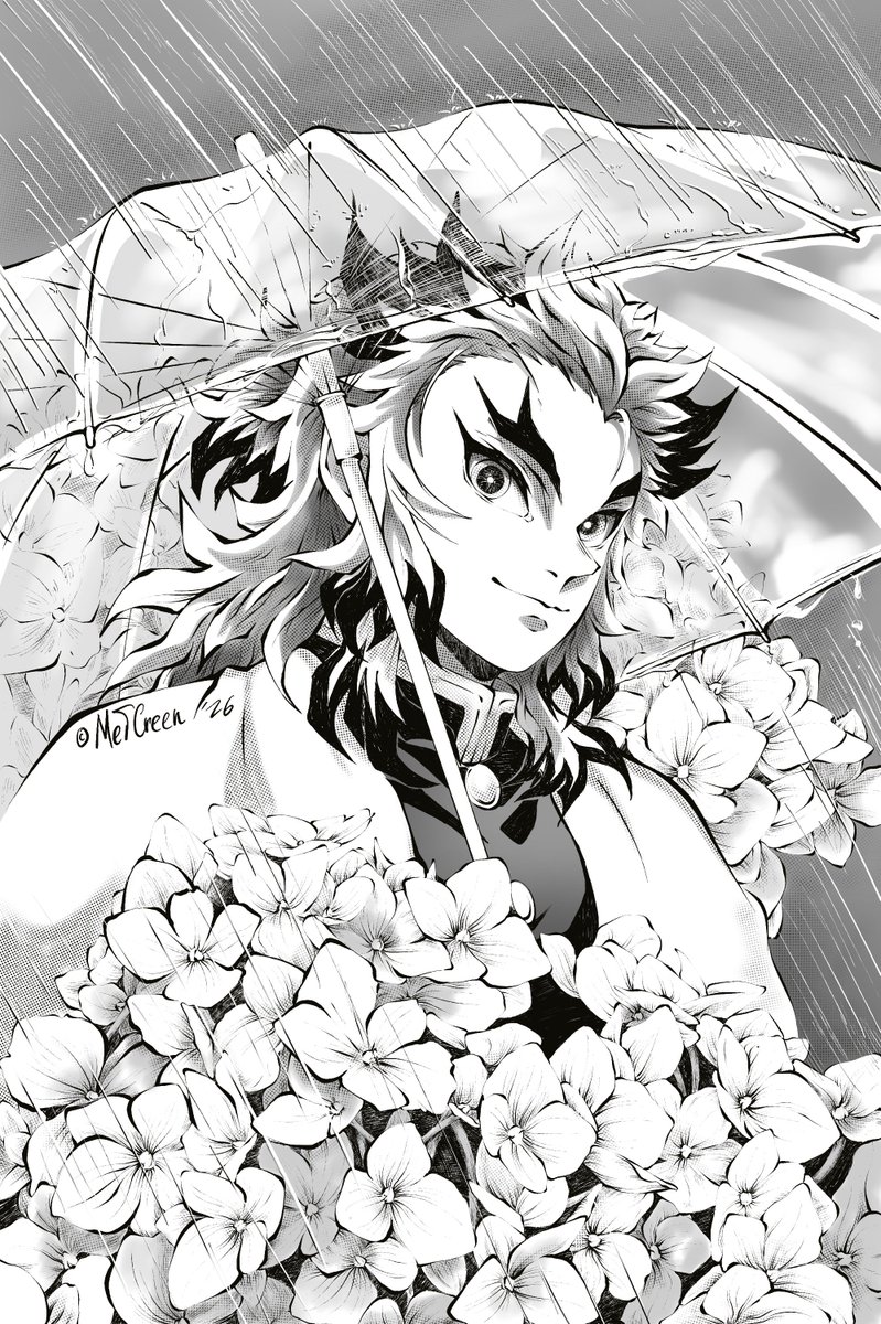 6r33n_M_e_T's tweet photo. ☔🔥さん

A bit late, but I finally finished this BW art with Rengoku, hydrangeas and umbrella.  
All week while I was drawing it, it was raining outside — it felt so right and atmospheric to work on this theme ✨  
Did you like the rain?  

#煉獄杏寿郎
#Rengoku
#KimetsuNoYaiba https://t.co/3q08gTzAnA