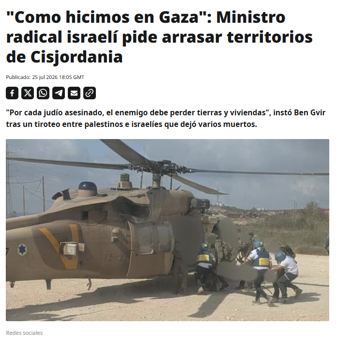ActualidadRT's tweet photo. 🇮🇱 El ministro de Seguridad Nacional de Israel, Itamar Ben Gvir, solicitó aplicar en Cisjordania medidas similares a las empleadas en Beit Hanun, una ciudad palestina completamente destruida, después de un tiroteo en el que murieron dos israelíes y cuatro palestinos https://t.co/n8bH8JFhNp