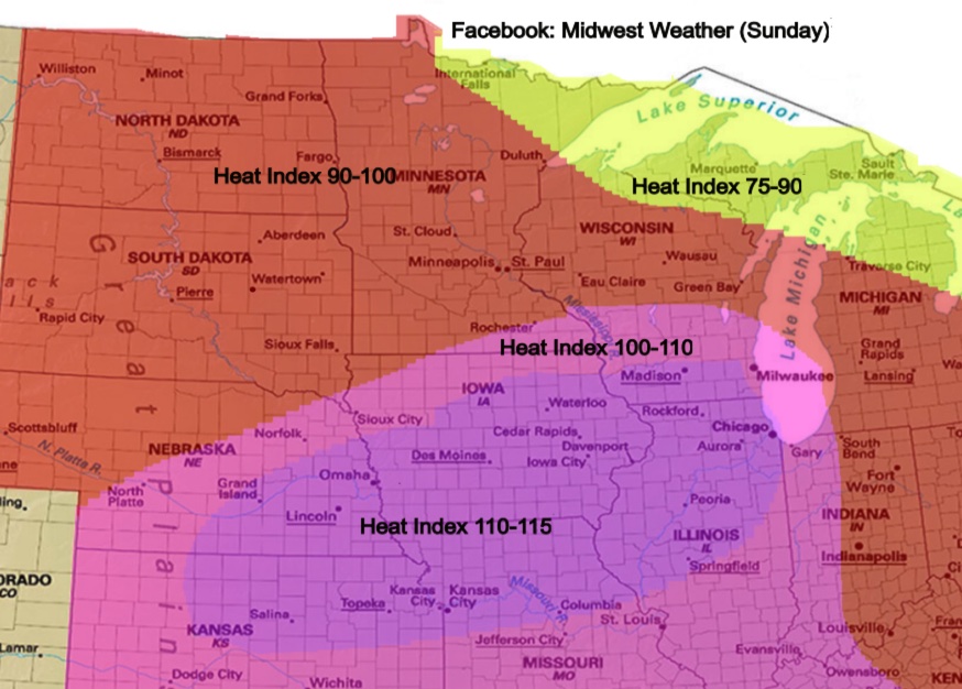MidwestWeathe_r's tweet photo. Extreme heat expected tomorrow with heat index as high as 115 degrees. https://t.co/JodPCDVHji