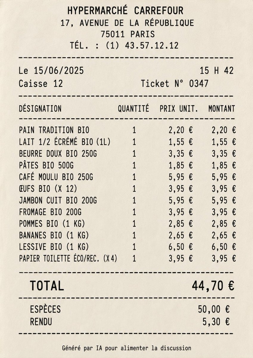 nazarfu's tweet photo. @NovacNocovid J'ai généré deux tickets avec les prix contemporains. Le premier sans précisions, le second avec des produits bio, ça me semble être de bonne guerre pour égaler la qualité des produits de l'époque https://t.co/pKBFGwbdw0