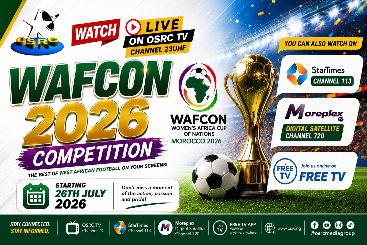 osrctvondo's tweet photo. The 2026 Women's Africa Cup of Nations (WAFCON)  kicks off 26th July and runs through 16th August 2026.

📺 Watch every match LIVE on OSRC TV!

Stay tuned to OSRC TV for live coverage, exciting analysis, and all the goals, drama, and unforgettable moments from the championship. https://t.co/1v8PJximtR
