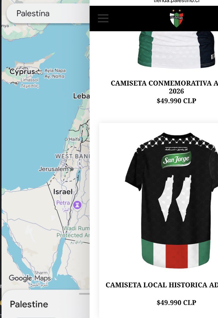 ennsmonett's tweet photo. Por qué google maps muestra solo a Israel en el mapa y no a Palestina? Estoy haciendo la comparación con las camisetas del equipo Palestino y aparece el país per en Google Maps no figura palestina si no Israel. Maldito seas Israel país de ratas inmundas. https://t.co/1O7bbDtVIQ
