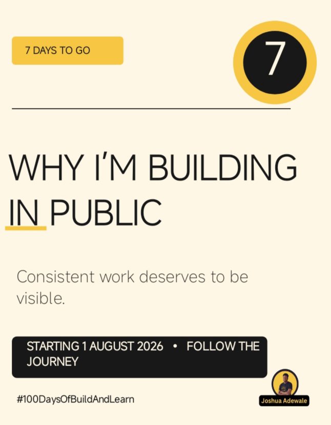joshua_ade24612's tweet photo. Iβm starting because consistent work deserves to be visible.
Day 7: Why I am building in public. Iβm counting down to 100 days of practical web, data, SEO & AI learning.
#100DaysOfBuildAndLearn #FrontendDevelopment #DataAnalytics #AbujaTech #NigeriaTech https://t.co/MzKUug8OhP