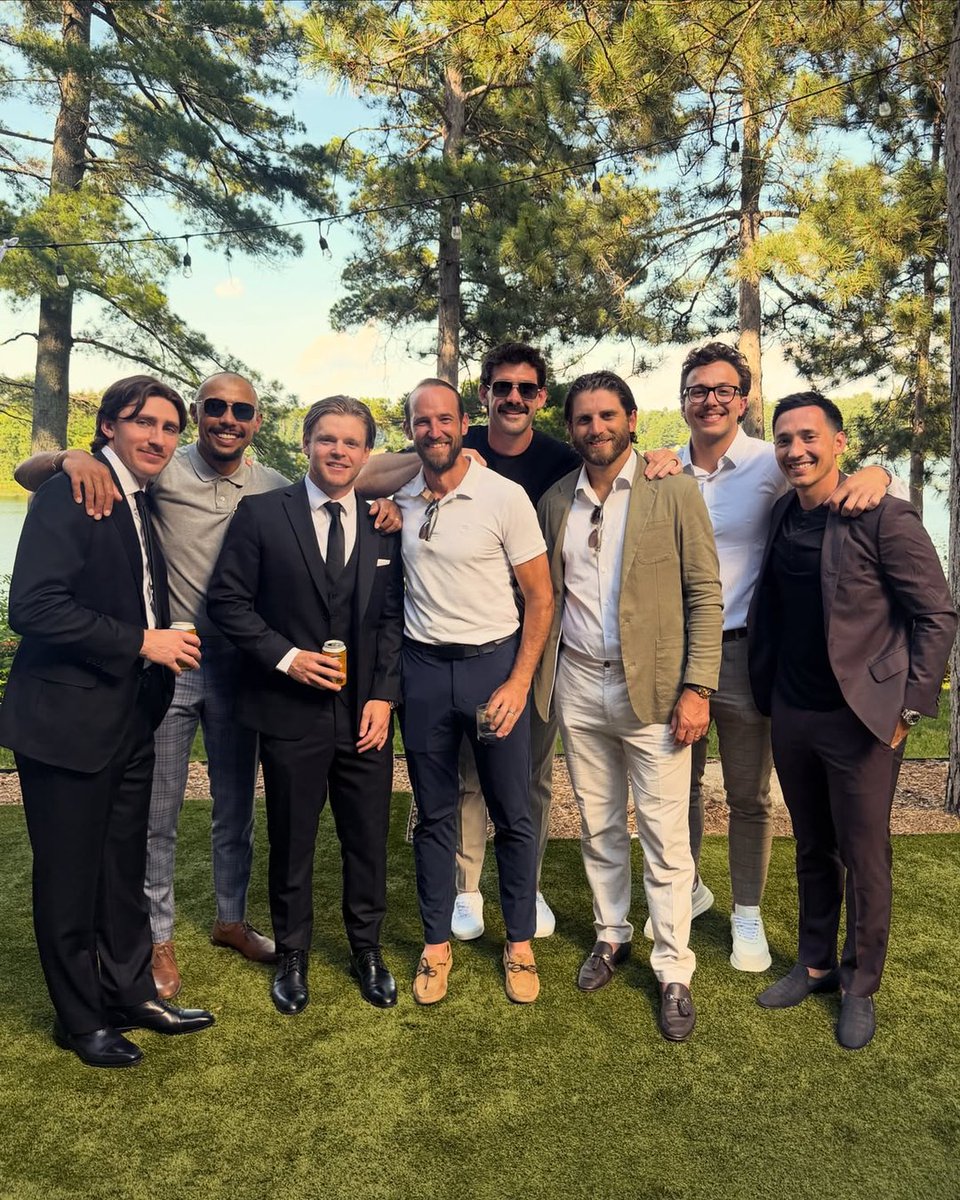 NHL's tweet photo. Celebrating together! 🤩

Connor Dewar, Matt Dumba, Alex Goligoski, Jake Middleton, Ryan Hartman, Brock Faber and Jared Spurgeon were on hand for Mason Shaw's wedding day! 

(📸: IG/dtspurgeon18) https://t.co/KOoP2Xs3yq