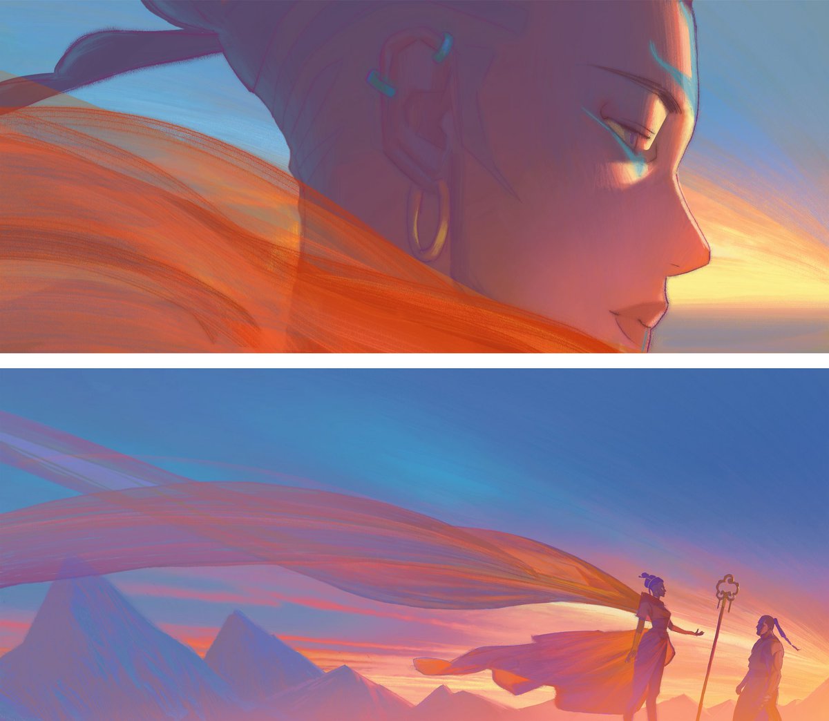 Chuwenjie's tweet photo. These are the very first paintings I made for Avatar Aang. I designed the art style for the Sonam and Tagah scenes throughout the film! https://t.co/udE3vAvec4