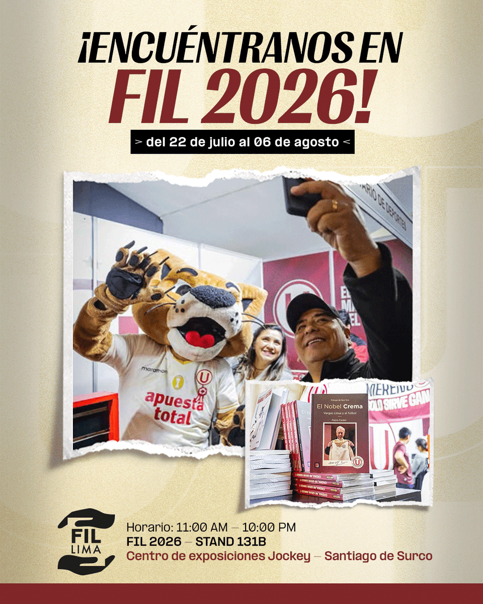 Universitario's tweet photo. 𝗟𝗮 𝗴𝗮𝗿𝗿𝗮 𝗰𝗿𝗲𝗺𝗮 𝗽𝗿𝗲𝘀𝗲𝗻𝘁𝗲 𝗲𝗻 𝗹𝗮 𝗙𝗜𝗟 𝟮𝟬𝟮𝟲 📚

Del 22 de julio al 6 de agosto, te esperamos en el stand 131B con libros, productos exclusivos y muchas sorpresas para la hinchada merengue.

📍 Centro de Exposiciones Jockey – Santiago de Surco
🕚 11:00 a. m. a 10:00 p. m.

#UnaHistoriaDeGrandeza