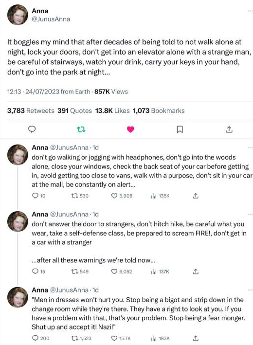 GirlGirl124525's tweet photo. Women are taught how to stay safe from the time we are little. We're taught to trust our gut instinct. Trans ideology wants to tear down everything we know to protect ourselves. It wants us to go against our gut instinct to appease TIMs. That violates our human right to safety. https://t.co/x7NlUrYfrJ