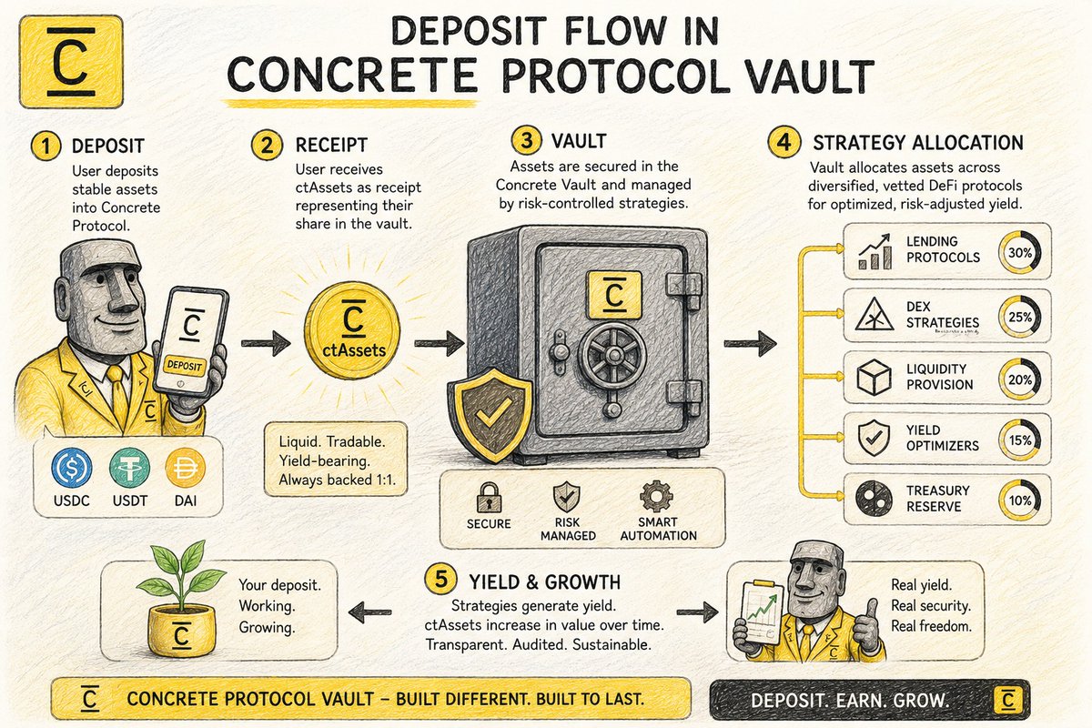 mbashsmile's tweet photo. DEPOSIT FLOW with @ConcreteXYZ 
Deposit flow is everything that happens to your capital from the moment it enters a Concrete vault to the moment it starts generating returns. Three clicks on your end. An entire system activating on the other. Read on 👇 https://t.co/6Uns72y69S