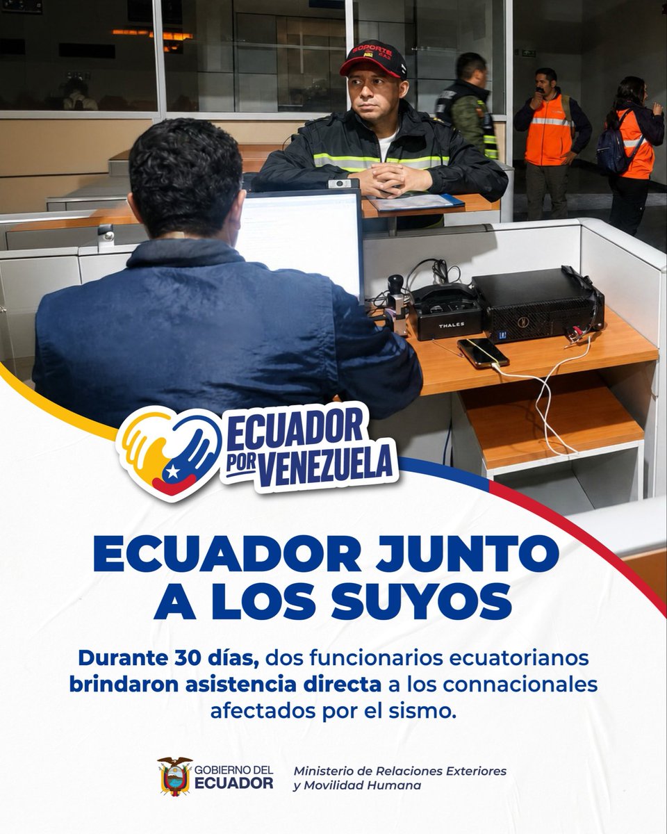 CancilleriaEc's tweet photo. 🇪🇨🤝🇻🇪
Ningún ecuatoriano estuvo solo. 

Tras el terremoto ocurrido en Venezuela, la Cancillería desplegó a un equipo de funcionarios en las zonas más afectadas para brindar atención a los ecuatorianos, en coordinación con organismos internacionales.

📢 Este lunes 27 de julio realizaremos la última jornada de atención consular presencial para los ecuatorianos en situación de vulnerabilidad.

🕘 Horario:
09h00 a 13h00

📍 Lugar:
Oficina de Intereses del Ecuador en la Embajada de Suiza en Caracas.

📌 Dirección:
Quinta Magda, 4.ª Avenida de Altamira, entre Quinta y Sexta Transversal, municipio Chacao, estado Miranda.

⚠️ Importante:

La misión de asistencia concluye, pero la atención consular continuará desde Bogotá y Panamá, priorizando los canales digitales para que ningún ecuatoriano quede desatendido.

Conoce más. ⬇️