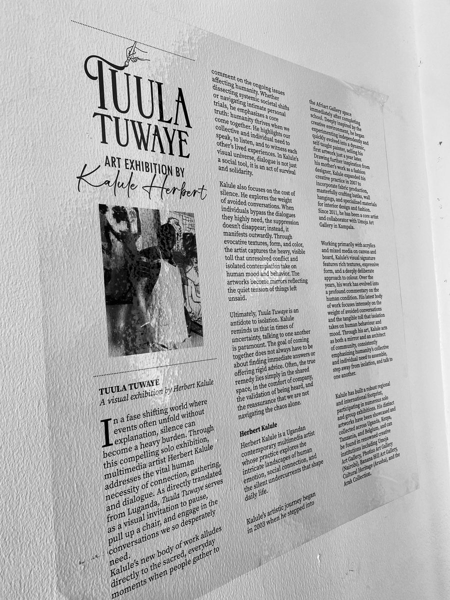 CoachRebeccaUG's tweet photo. “Tuula Tuwaye”—Sit &amp; We Converse. 

Art has a unique way of starting conversations that words alone often can’t. 

Amazing pieces shared during Kalule Herbert’s exhibition at @umojaart. Visit Uganda &amp; see for yourself 😁

#PearlOfAfrica
#exploreuganda    #UgandaCreativeArts https://t.co/9wZ9W1LXKd