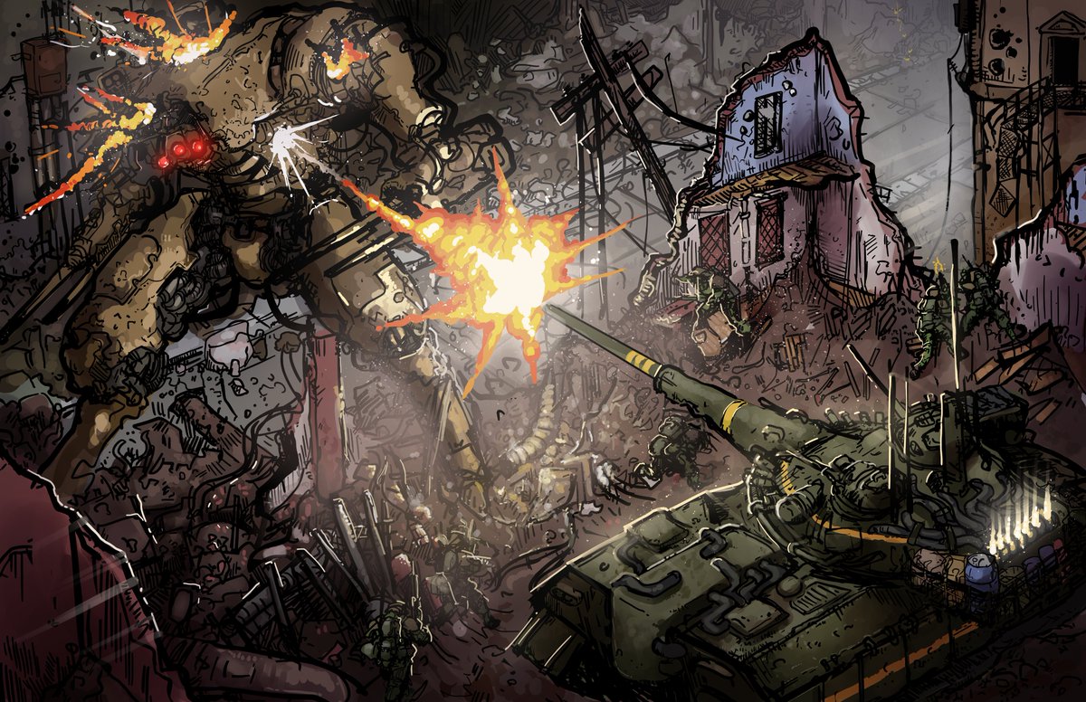 Borbpocalypse's tweet photo. City ruins are the tomb of every vehicle.  Striding Machines tend to avoid heavily built up areas even with proper supports, favoring to go no deeper than the suburbs. https://t.co/ewwoCq5ANh