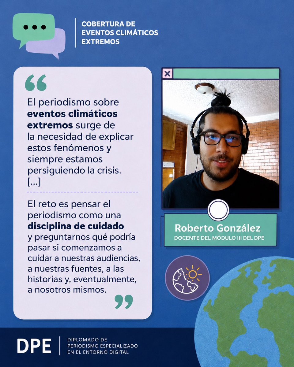 DPE_UNAM's tweet photo. ¿Cómo cubrir un evento climático extremo? 🌎📰

El periodista @ggonzalitos compartió herramientas para comprender estos fenómenos desde la evidencia científica, identificar fuentes especializadas y construir coberturas que respondan a las necesidades de las audiencias. https://t.co/zTfto6wUEB