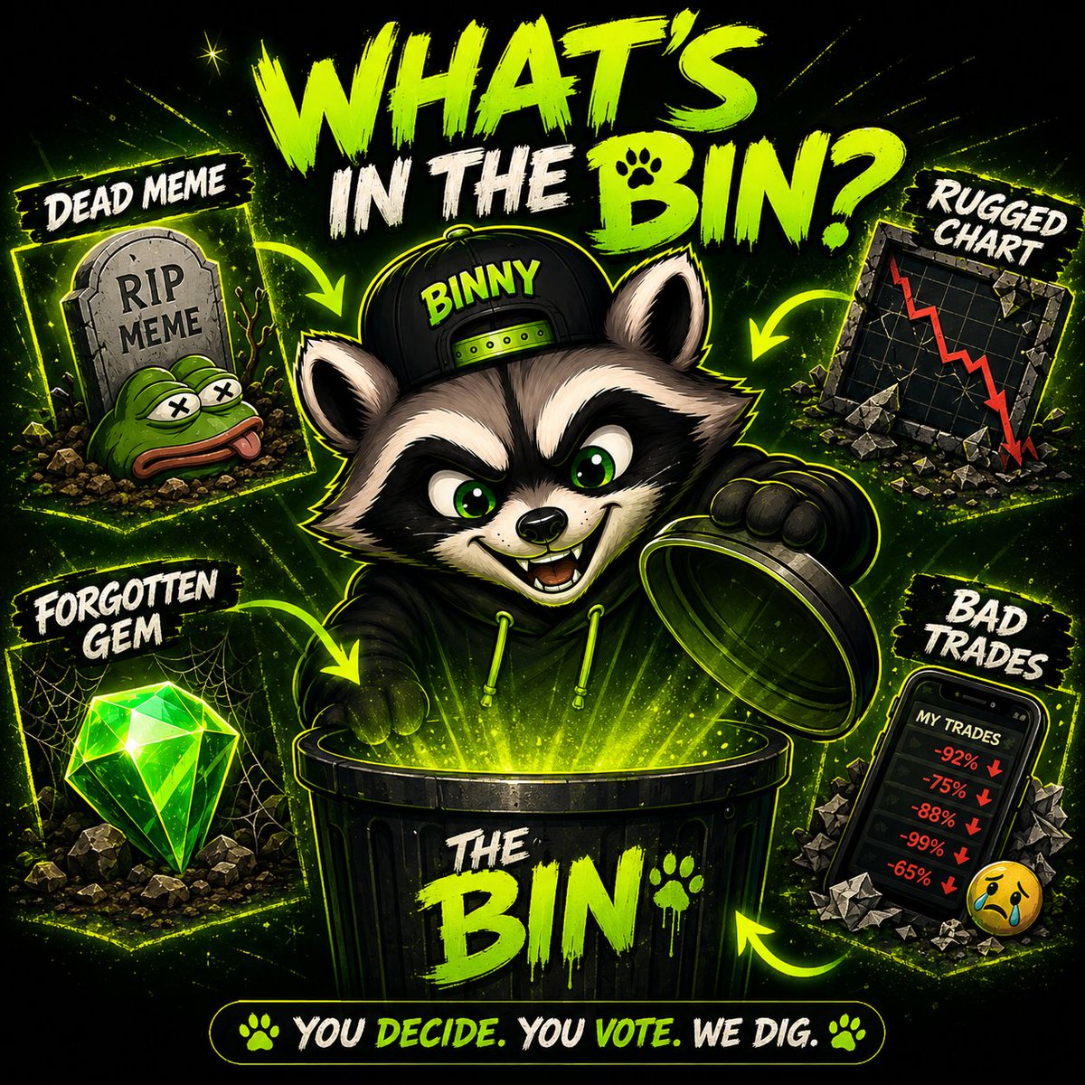 binnyonsol's tweet photo. BINNY just opened The Bin. 🦝🗑️

What does he find first?

🪦 A dead meme
📉 A rugged chart
💎 A forgotten gem
📱 A phone full of bad trades

Pick one. 👇 https://t.co/9daHGzOrUy