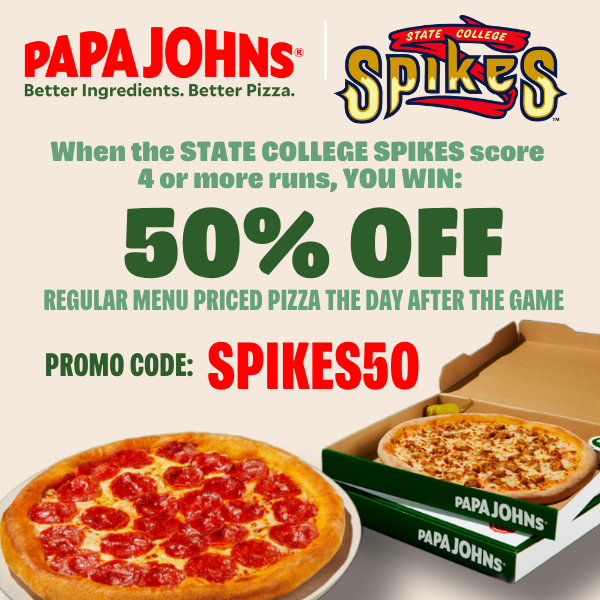 SCSpikes's tweet photo. It was a big win on a big night last night with 5 more runs, and you can get a big deal today with 50% off your regular price pizza at State College @PapaJohns ! Just use promo code SPIKES50 in-shop, phone-in or online at https://t.co/giLhANctFz! https://t.co/fvhPSubMlw