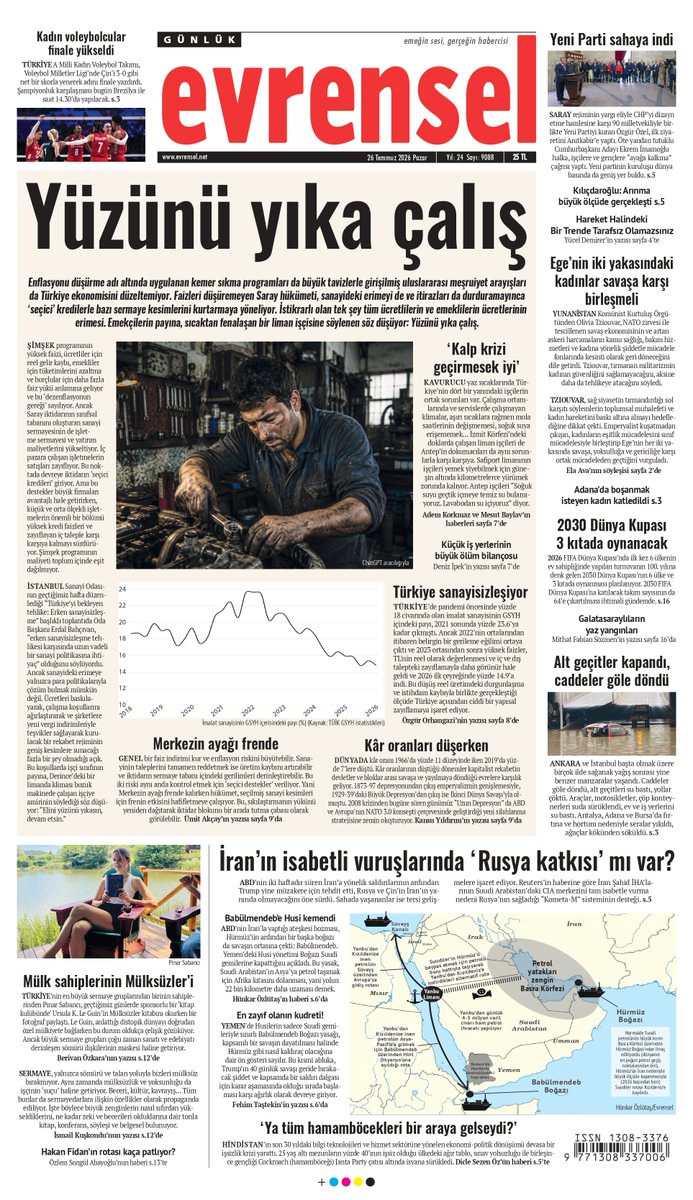 evrenselgzt's tweet photo. 🗞️ Yüzünü yıka çalış

Enflasyonu düşürme adı altında uygulanan kemer sıkma programları da büyük tavizlerle girişilmiş uluslararası meşruiyet arayışları da Türkiye ekonomisini düzeltemiyor. 

Faizleri düşüremeyen Saray hükümeti, sanayideki erimeyi de ve itirazları da durduramayınca ‘seçici’ kredilerle bazı sermaye kesimlerini kurtarmaya yöneliyor. İstikrarlı olan tek şey tüm ücretlilerin ve emeklilerin ücretlerinin erimesi. Emekçilerin payına, sıcaktan fenalaşan bir liman işçisine söylenen söz düşüyor: Yüzünü yıka çalış.

Evrensel bugün bayilerde
