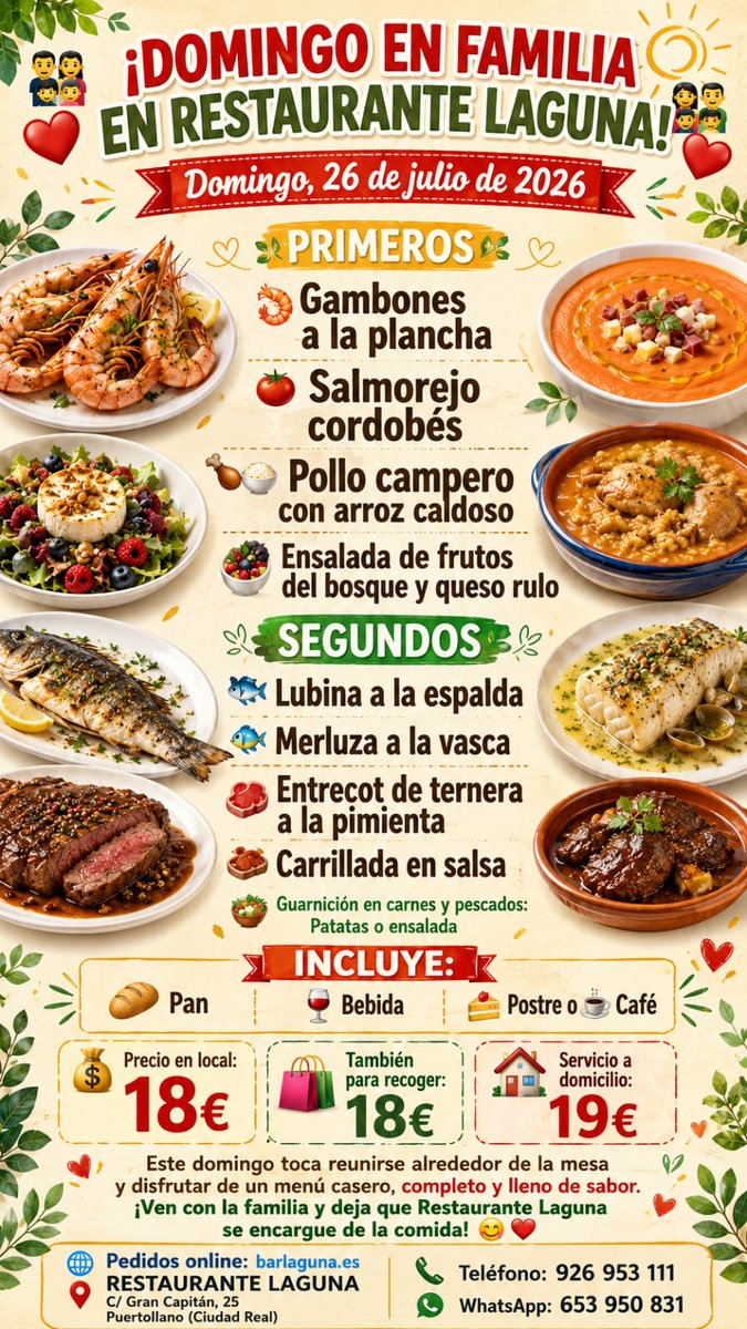 barlaguna_es's tweet photo. 👨‍👩‍👧‍👦❤️ ¡DOMINGO EN FAMILIA! ❤️👨‍👩‍👧‍👦
📅 26/07/26

🦐 Gambones a la plancha
🍅 Salmorejo cordobés
🍗🍚 Pollo campero con arroz caldoso
🥗 Ensalada de frutos del bosque y queso rulo

🐟 Lubina a la espalda
🐠 Merluza a la vasca
🥩 Entrecot de ternera a la pimienta
🍖 Carrillada en salsa https://t.co/6QaNxVcYhO