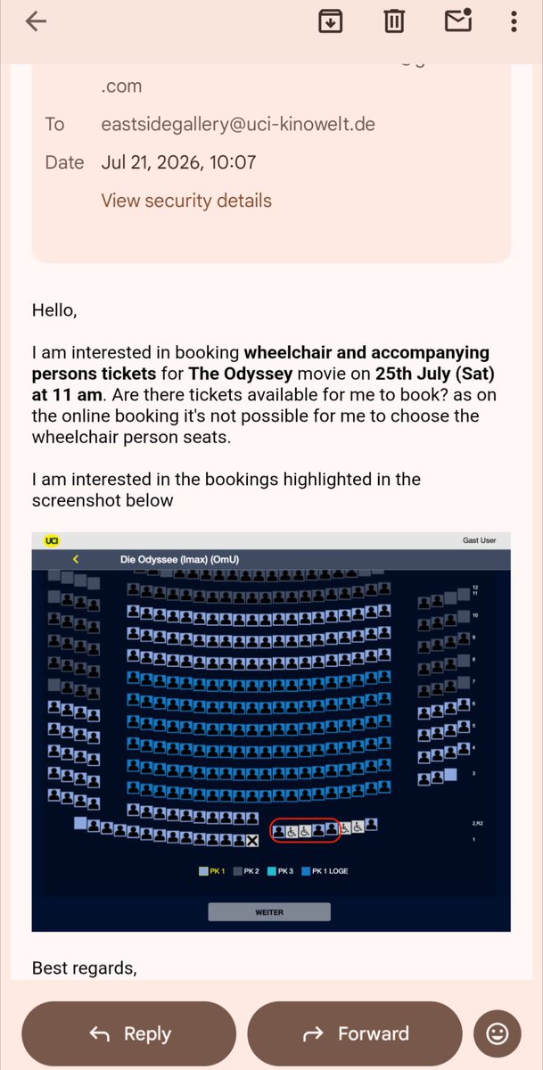MeanPandaEyes's tweet photo. @ucikinode Do you understand that people in wheelchair would like to come watch movies with their companions? You allow companion seats to be booked by anyone online but wheelchair seats aren’t bookable. Your phones dont work. Email reply eventually tells able bodied booked seats https://t.co/tK0iK5cwot
