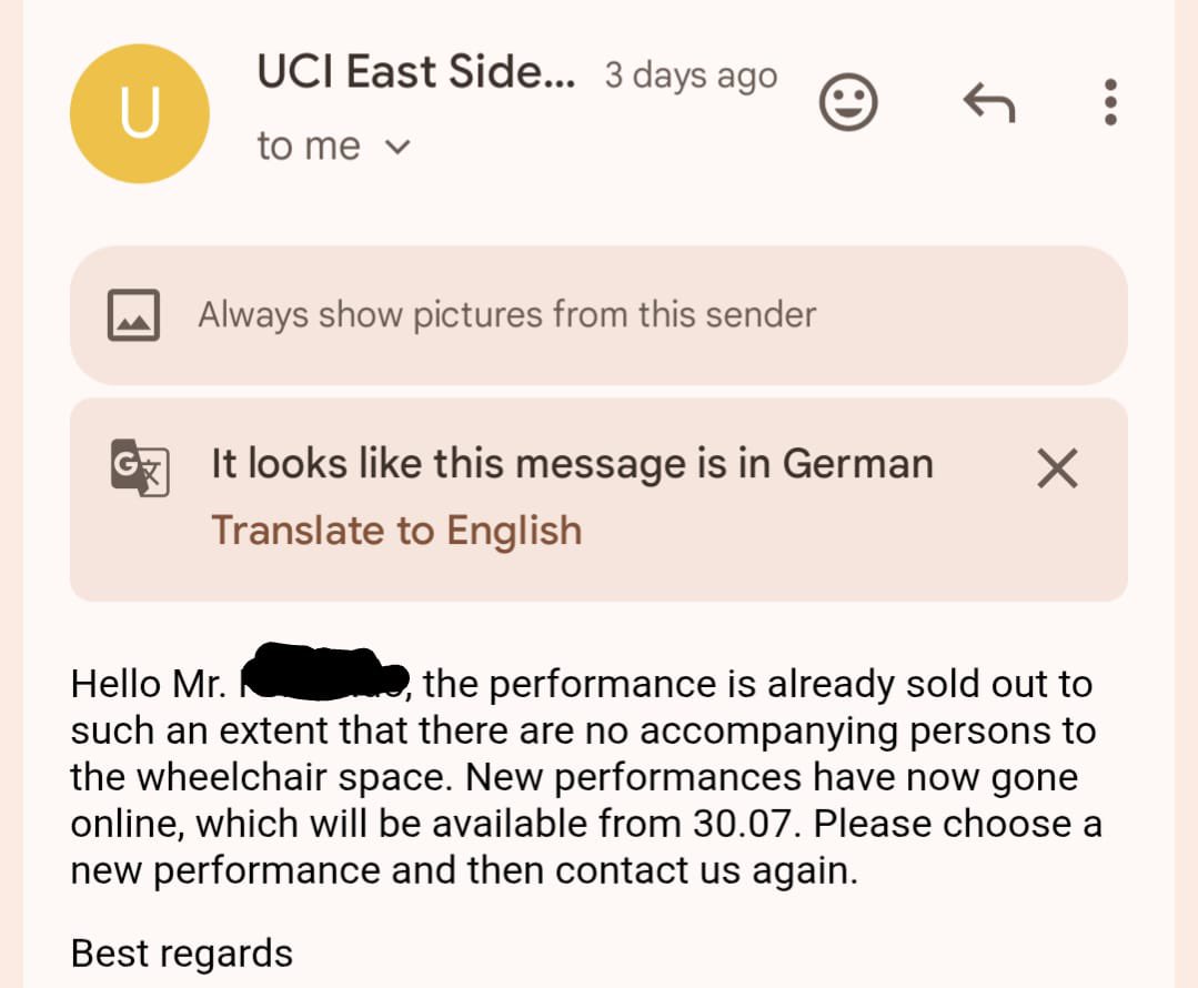 MeanPandaEyes's tweet photo. @ucikinode Do you understand that people in wheelchair would like to come watch movies with their companions? You allow companion seats to be booked by anyone online but wheelchair seats aren’t bookable. Your phones dont work. Email reply eventually tells able bodied booked seats https://t.co/tK0iK5cwot