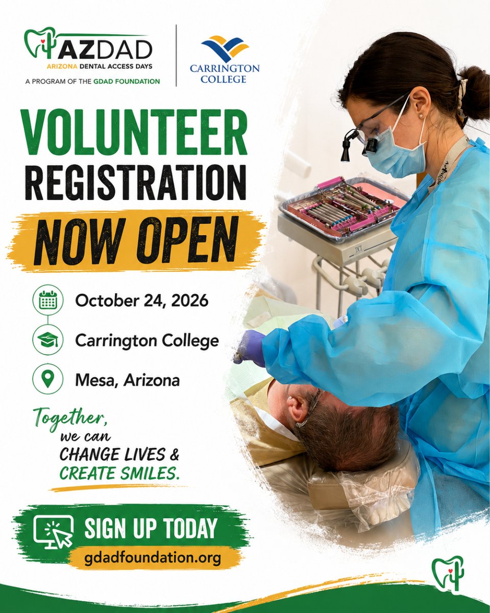 GdadFoundation's tweet photo. 📣 Volunteer registration is NOW OPEN!

Join us October 24 for AZDAD at Carrington College in Mesa and help provide free dental care to those who need it most.

More than dentistry. It's hope. Register today: https://t.co/GS3noxGfPM https://t.co/1unz2LWQFi