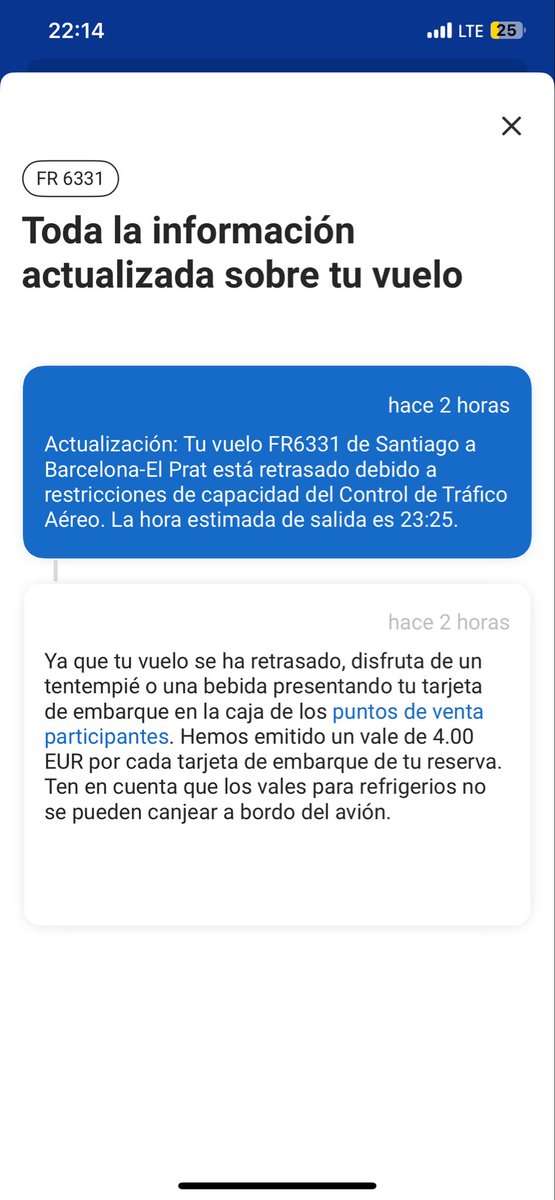 ddanimunoz's tweet photo. @Ryanair_ES @Ryanair @aena @FACUA Vuelo FR 6331 Santiago - BCN
Retraso de mas de 2 horas y 30 minutos. 
Compensación de la aerolínea: un vale de 4 euros a gastar en el aeropuerto, donde el precio mínimo de un bocadillo es de 7 euros, y un refresco 3,50, sinverguenzas es poco https://t.co/3GCLATFEE9